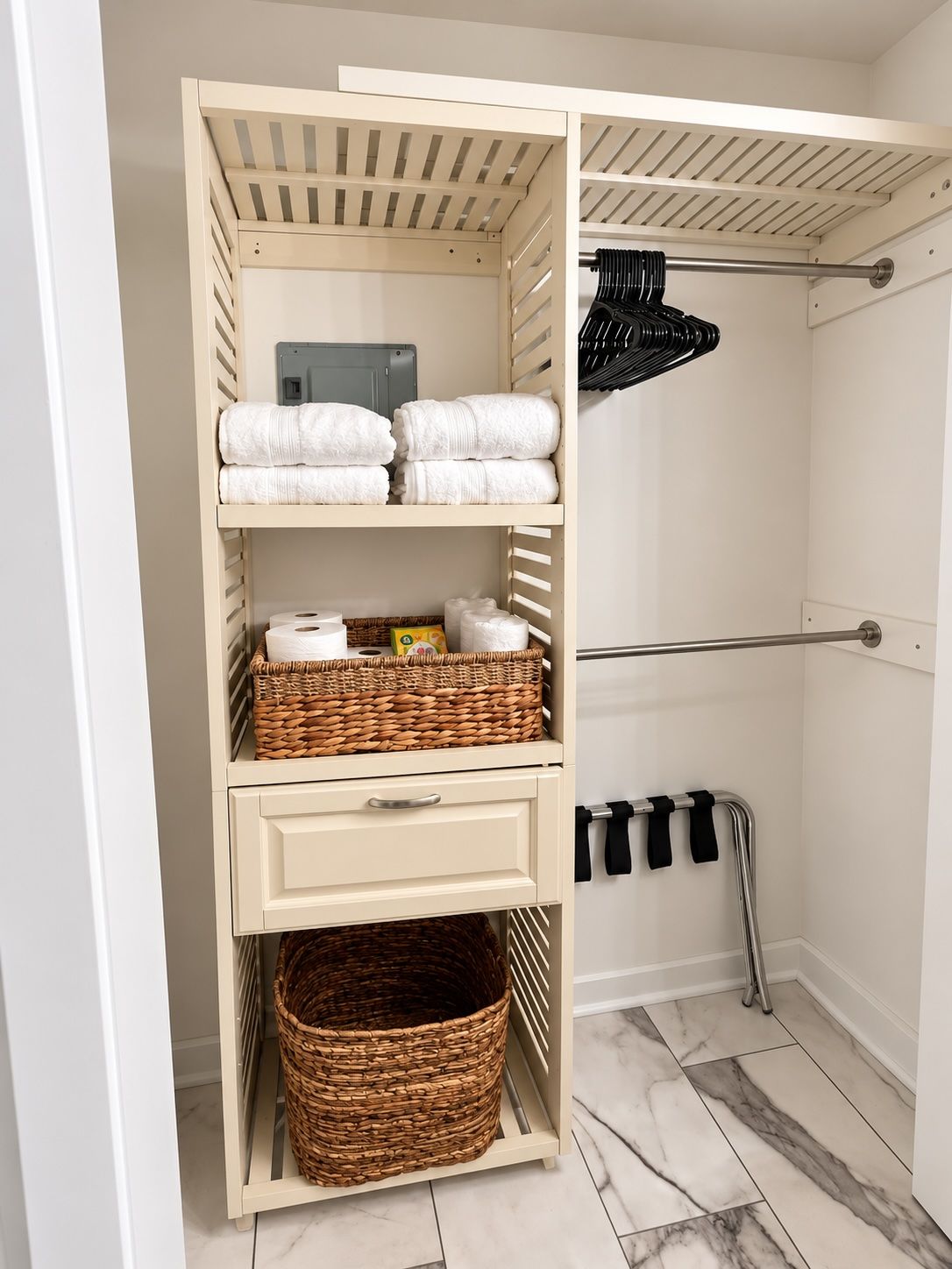 Ein begehbarer Kleiderschrank mit Regalen, Körben und einer Kleiderstange.