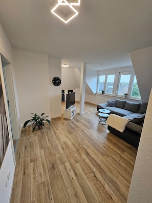 Amplia sala de estar con piso de madera, un sofá, un televisor y una planta en maceta.