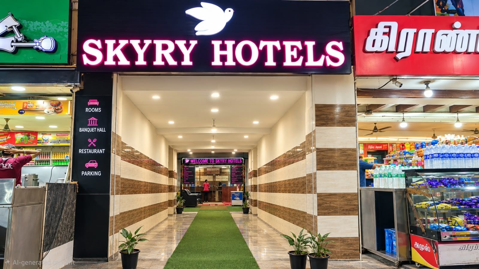 A hotel entrance with a neon sign, a reception desk, and a sign for a restaurant and parking.