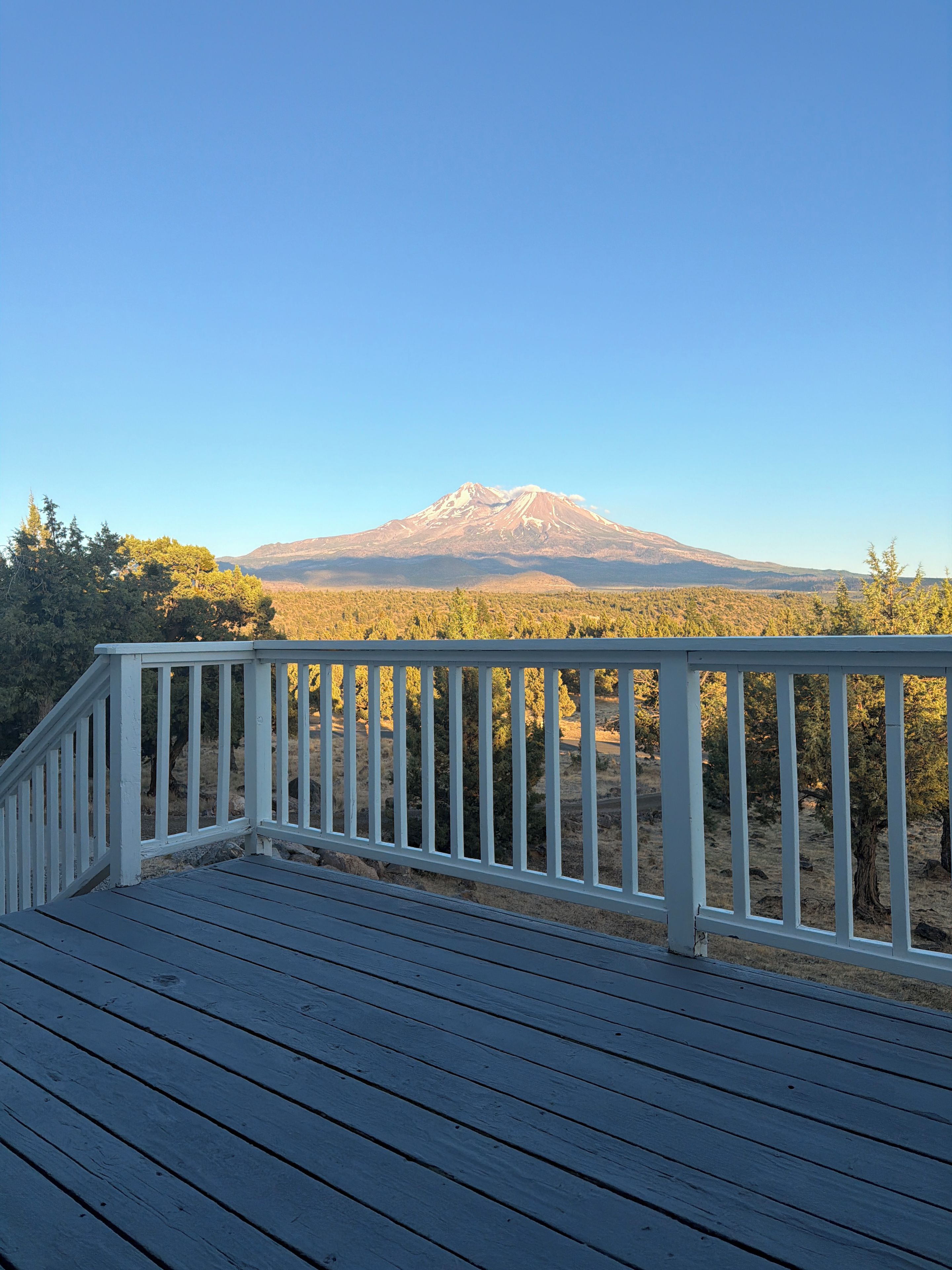 Eine Holzterrasse mit weißer Brüstung, mit Blick auf eine bewaldete Landschaft und einen Berg.