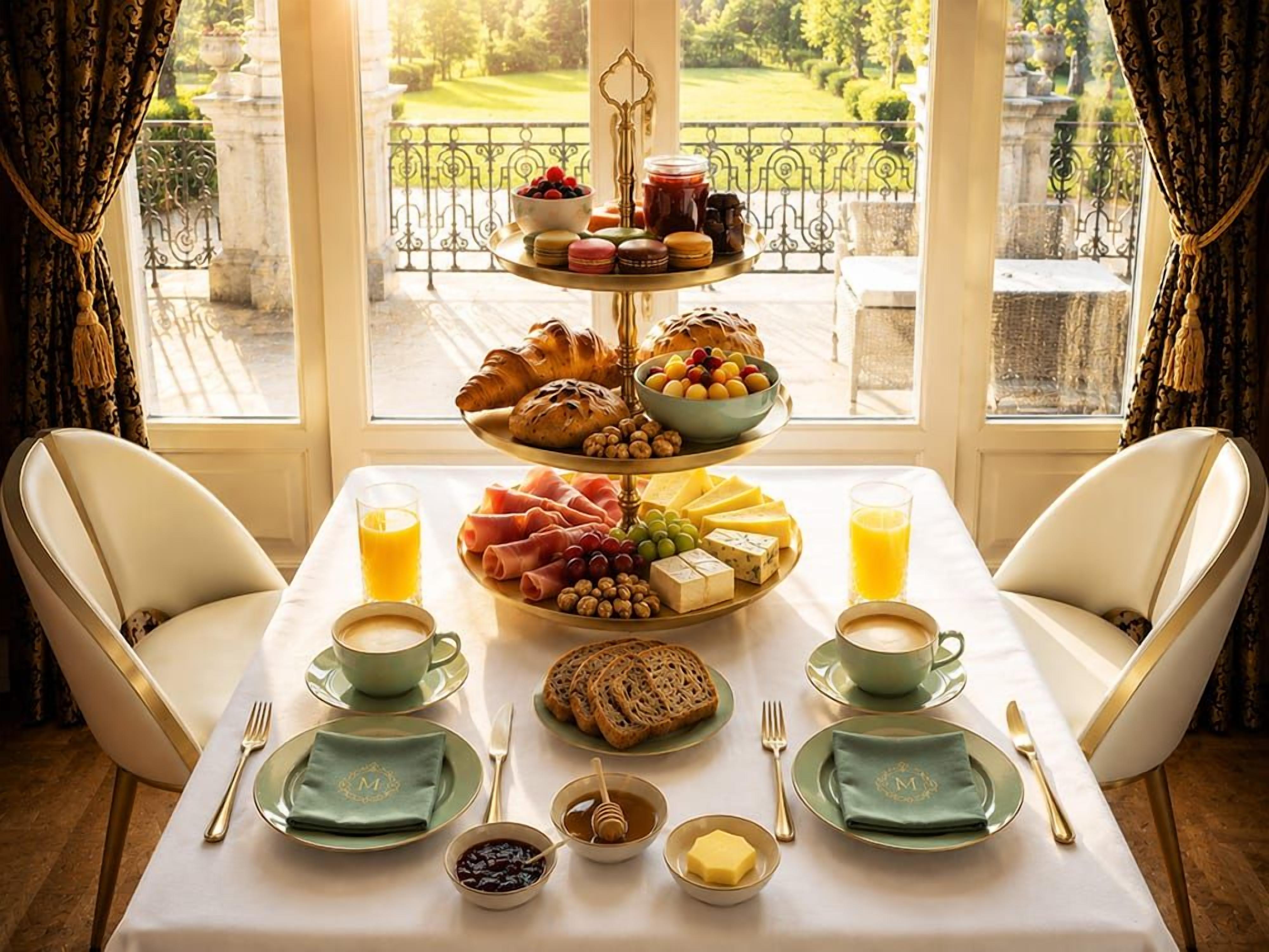 Une table de petit-déjeuner avec un présentoir à étages garni de viennoiseries, de fruits et de fromages, une sélection de café et de jus, et une vue sur un jardin par la fenêtre.