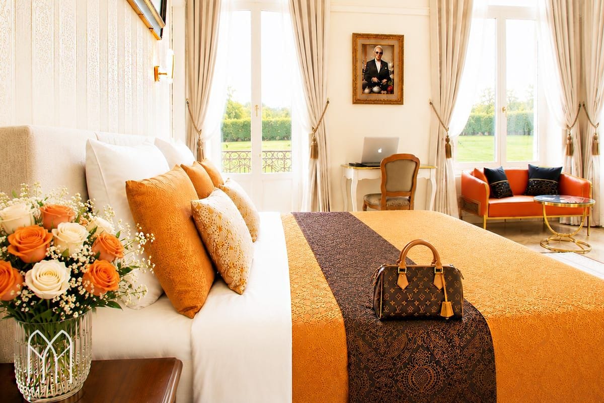 A hotel room with a bed, a desk, a laptop, a chair, and a view of the outdoors.
