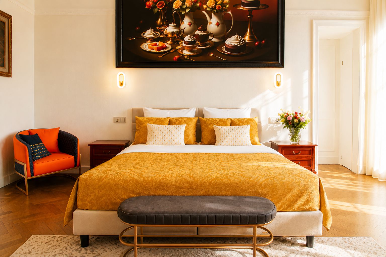 A modern bedroom with a large bed, a bench, a chair, and a painting above the bed.