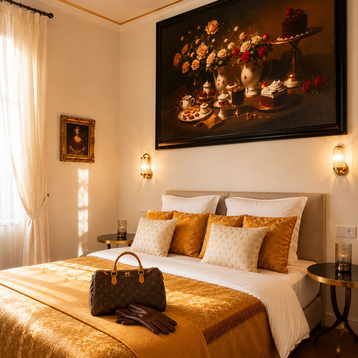 Une chambre d’hôtel avec un grand lit, un tableau de fleurs, un cadre avec une photo accroché au mur et un sac à main posé sur le lit.