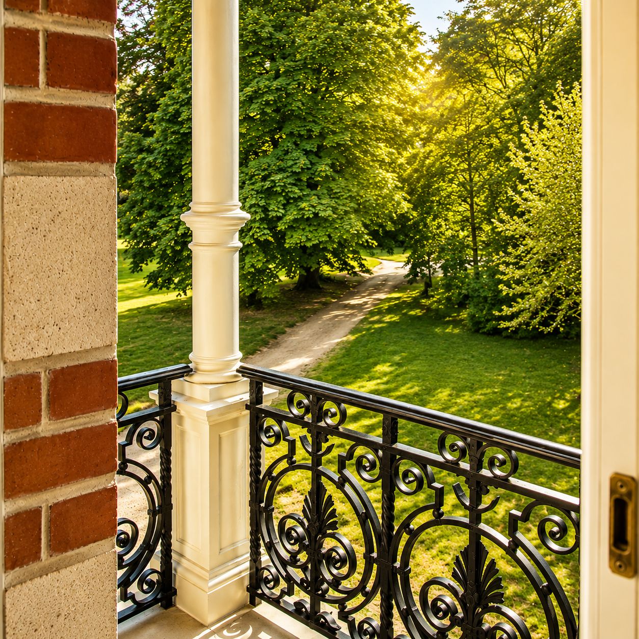 Un balcon doté d’une balustrade en fer forgé, d’un mur en briques et offrant une vue sur un parc verdoyant, avec des arbres et un sentier.