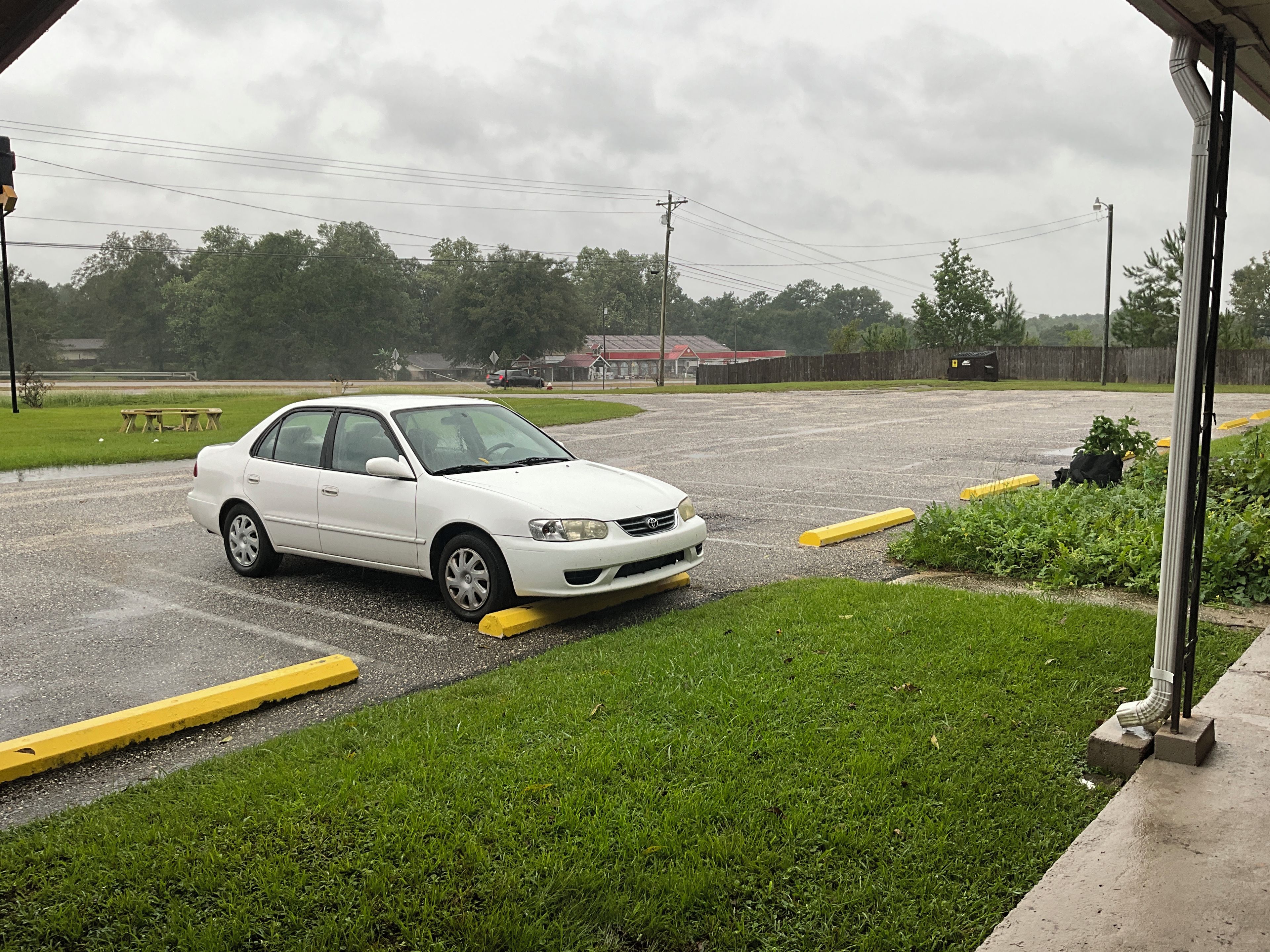 A white car parked in a parking lot with a grassy area and a picnic table in the background.