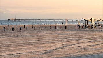 A beach with a pier extending into the water, beach umbrellas, and a few people.