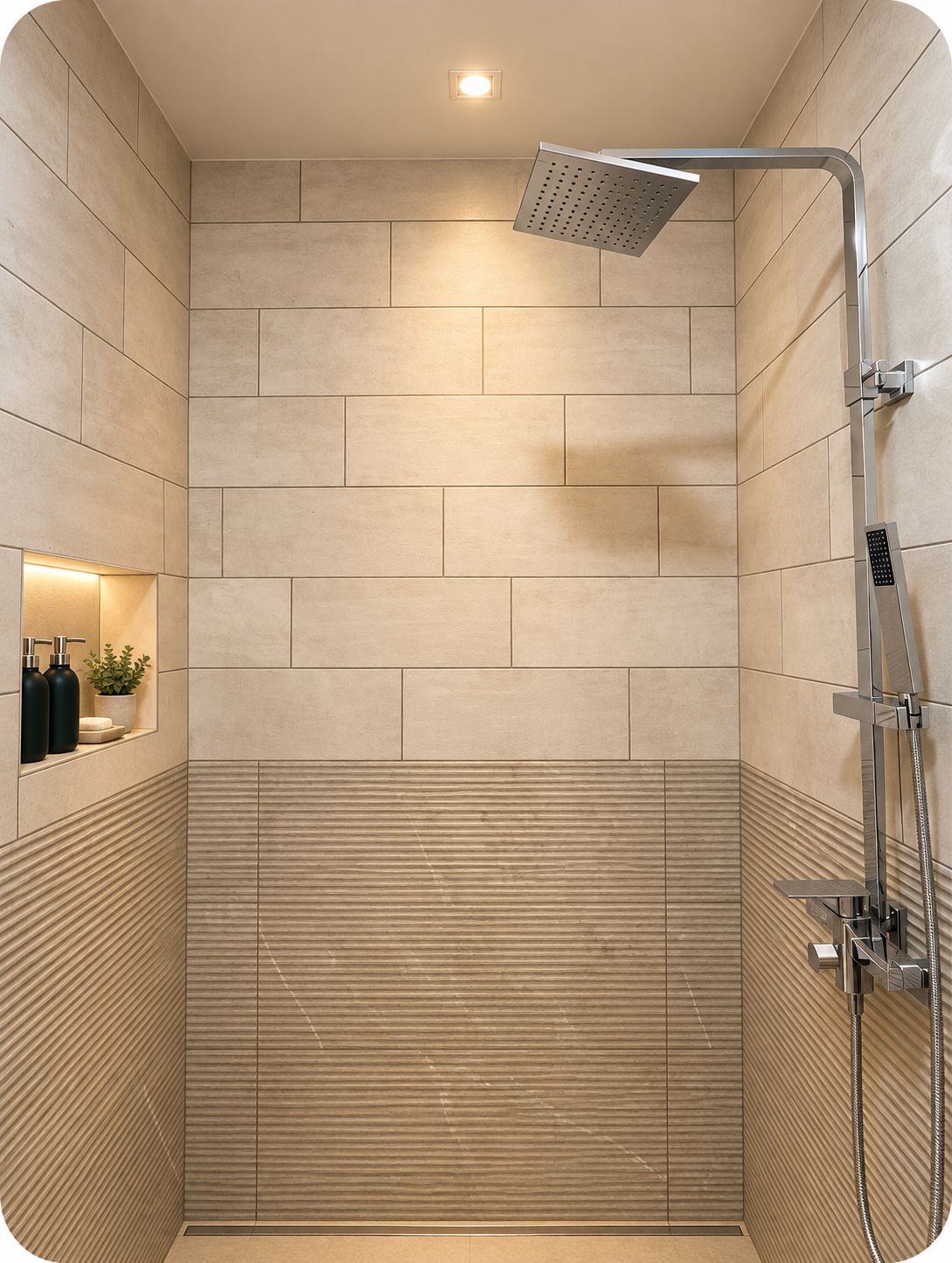 A modern shower with a handheld showerhead and a wall-mounted control panel.