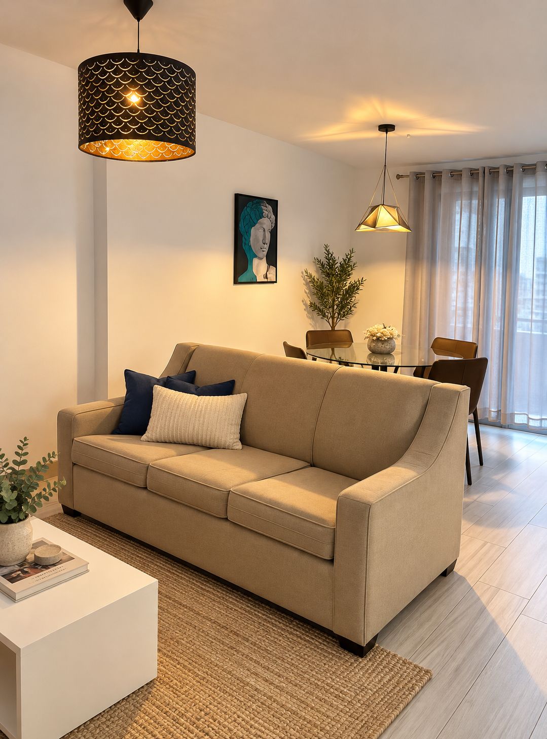 Un salon moderne comprenant un canapé, une table basse et un coin repas avec des chaises et une table.