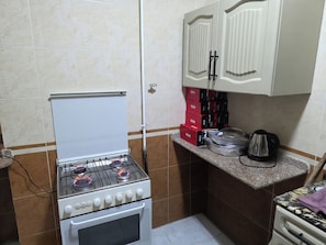 A compact kitchen with a gas stove, oven, and a countertop with kitchen appliances. - Family Apartment Near 45 Bridge, 200m from the Beach (Alexandria Governorate)