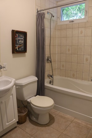 Un baño con inodoro, lavamanos, bañera y ducha.