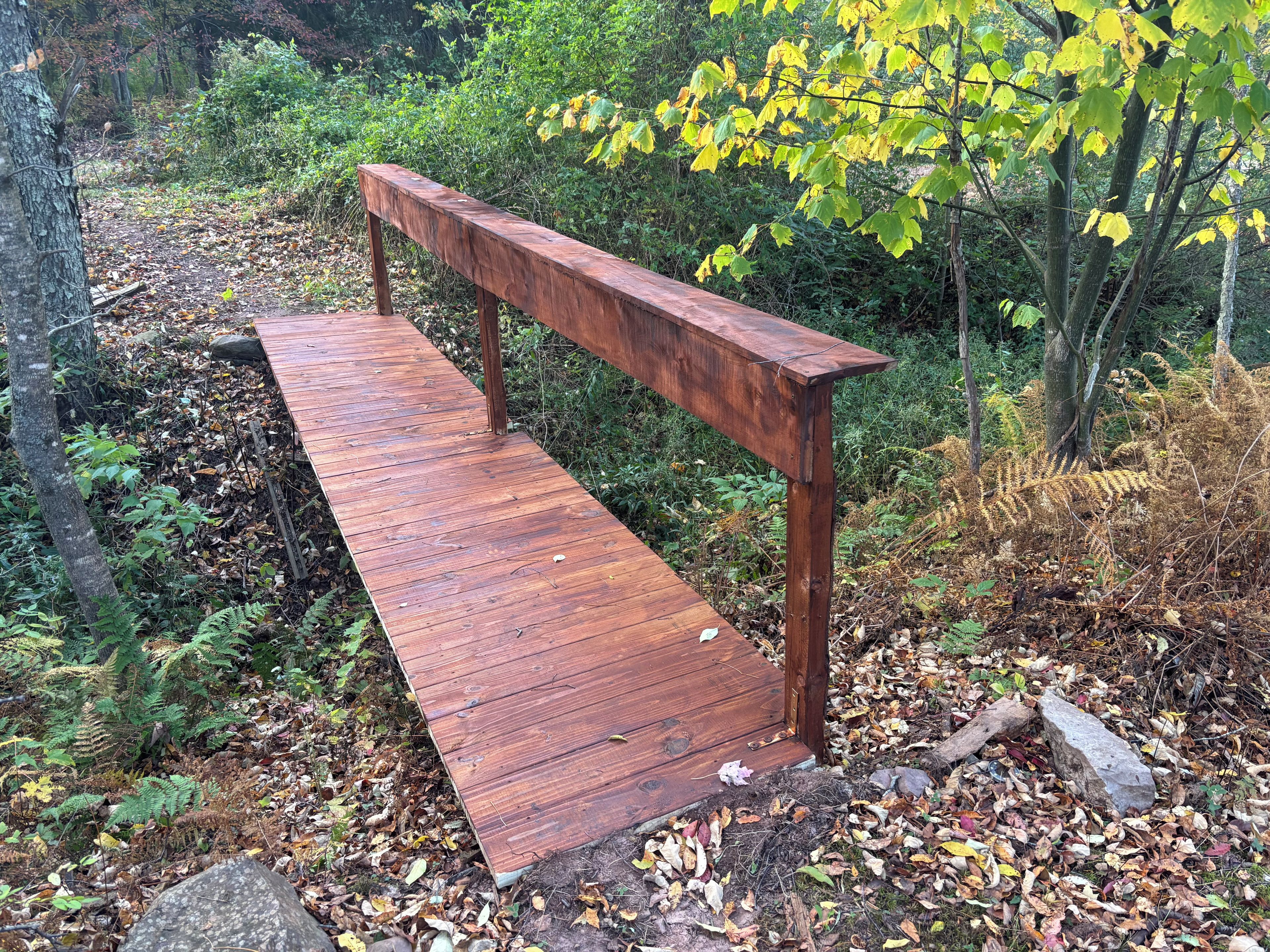 Un banc en bois situé dans une zone boisée, à proximité d’un sentier de terre.