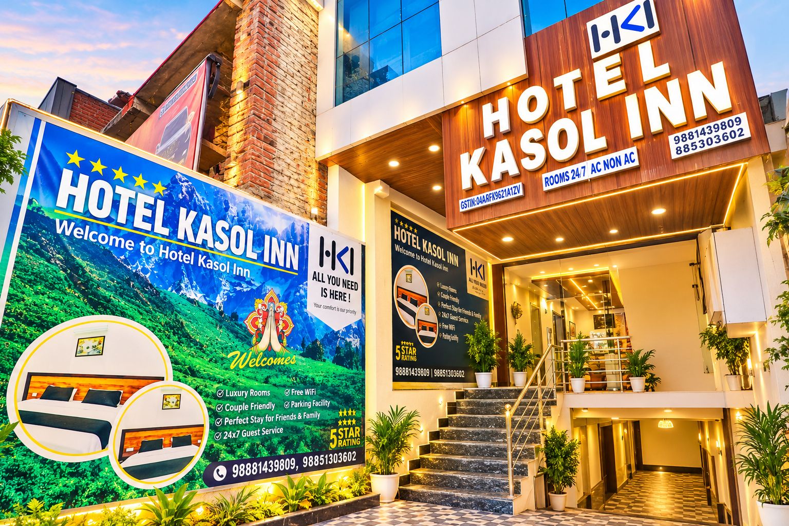 The exterior of Hotel Kasol Inn with a 5-star rating, 24x7 guest service, and amenities like luxury rooms, free wifi, and parking.
