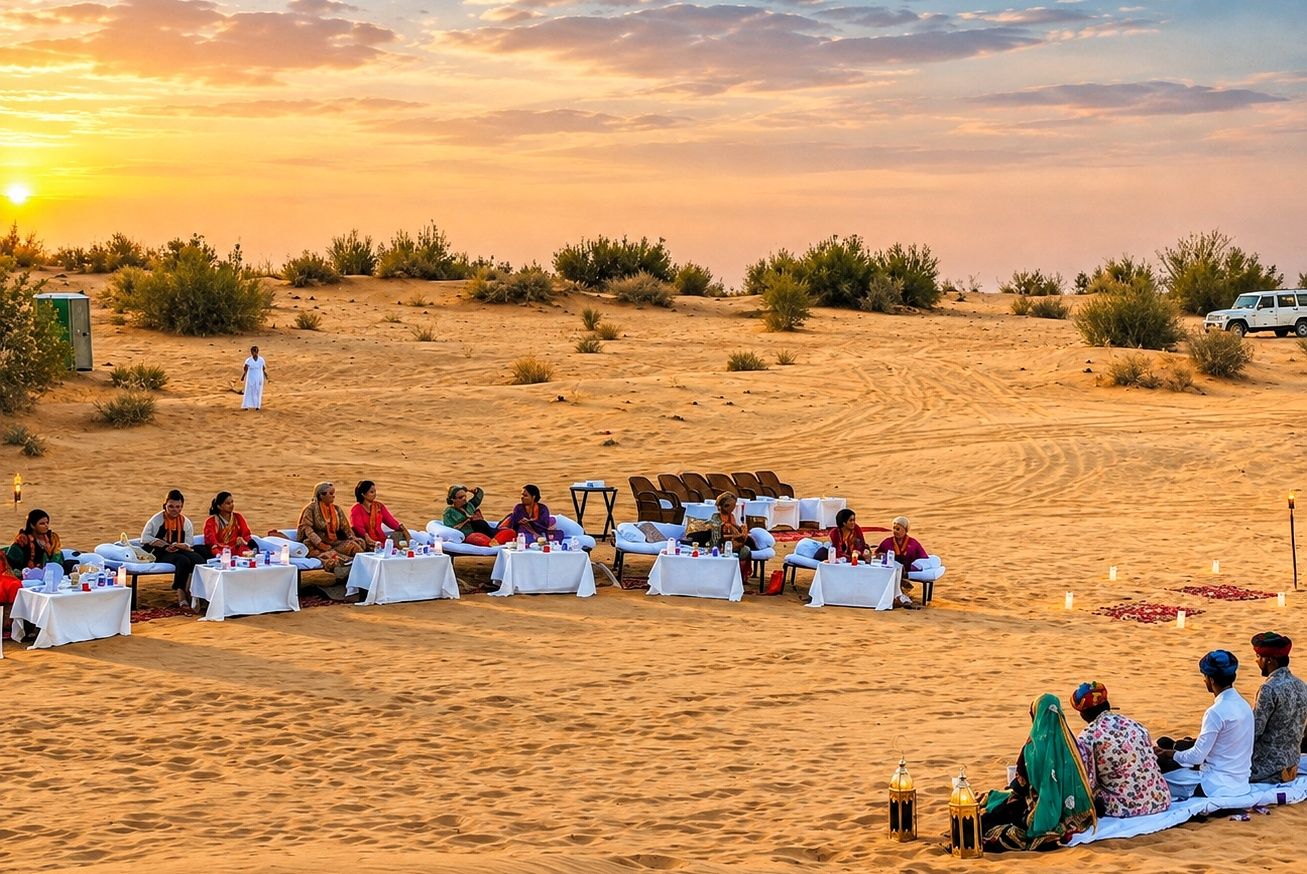 Paisaje desértico con gente sentada en mesas bajo un cielo al atardecer.
