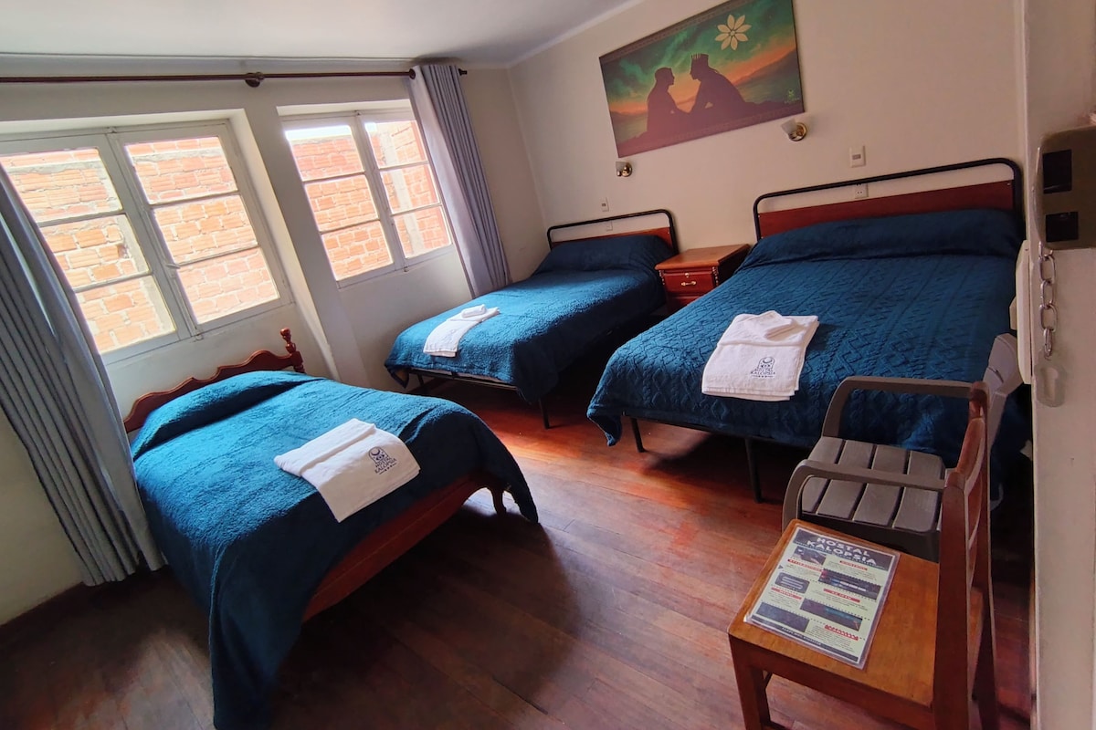 Een hotelkamer met twee eenpersoonsbedden, een houten vloer, een schilderij aan de muur en een raam met gordijnen.