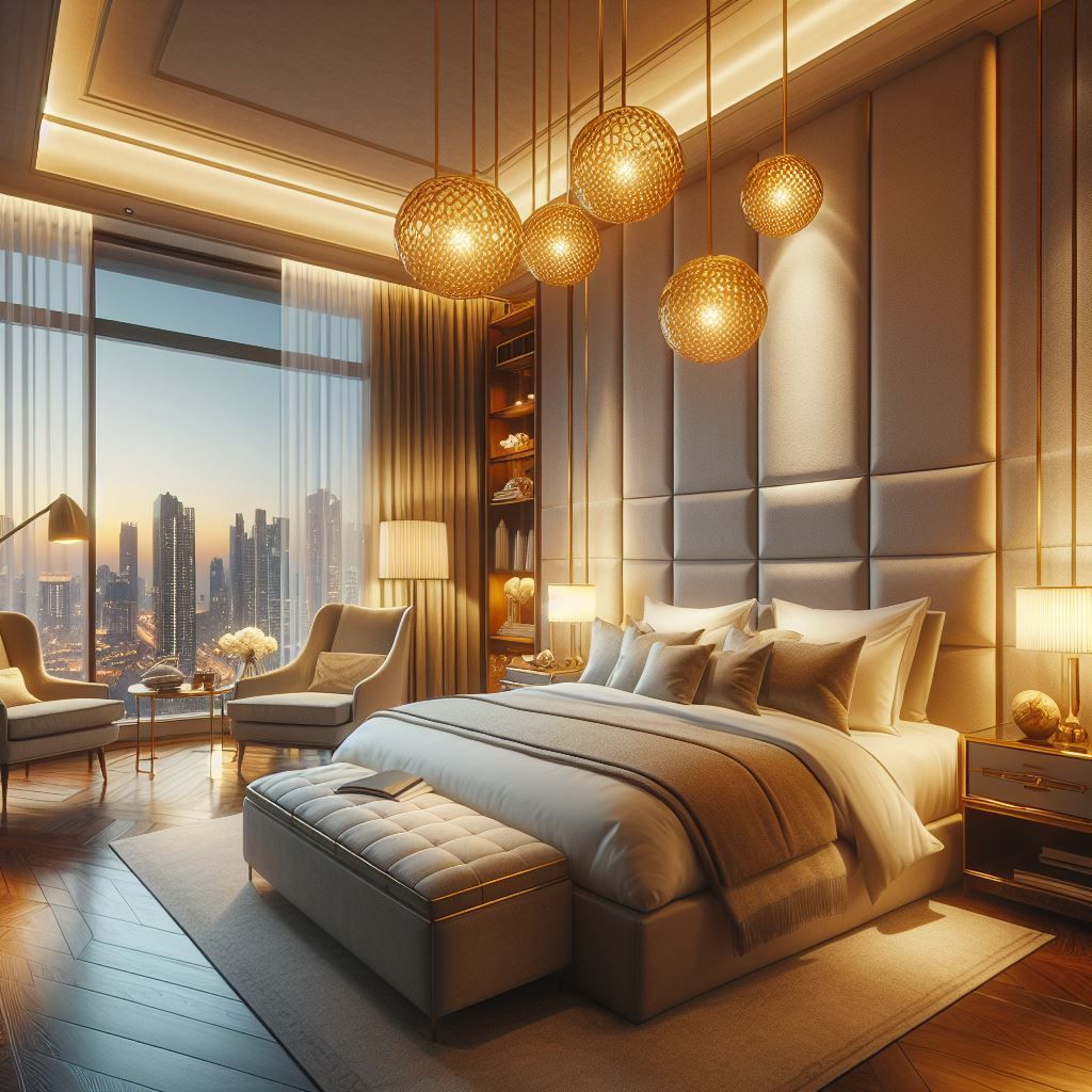 Une chambre moderne dotée d’un grand lit, offrant une vue sur la ville, et agrémentée d’un luminaire au plafond au design original.