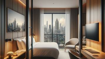 Ein modernes Hotelzimmer mit einem großen Bett, einem Schreibtisch, einem Sessel, einem Fernseher und Blick auf die Stadt.