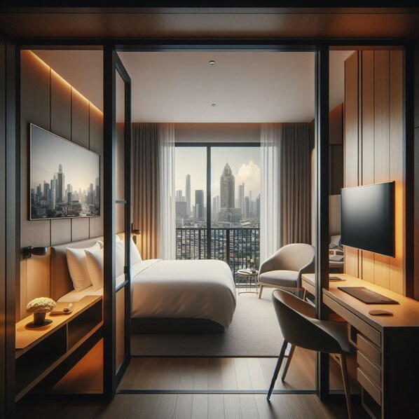 Quarto de hotel moderno com cama grande, escrivaninha, poltrona, televisão e vista para a cidade.