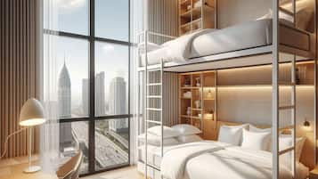 Une chambre moderne avec des lits superposés, un bureau et une grande fenêtre donnant sur la ville.