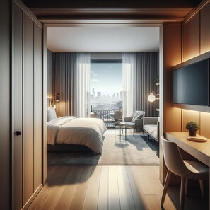 Habitació d'hotel moderna amb llit, zona de seients, escriptori i televisió.