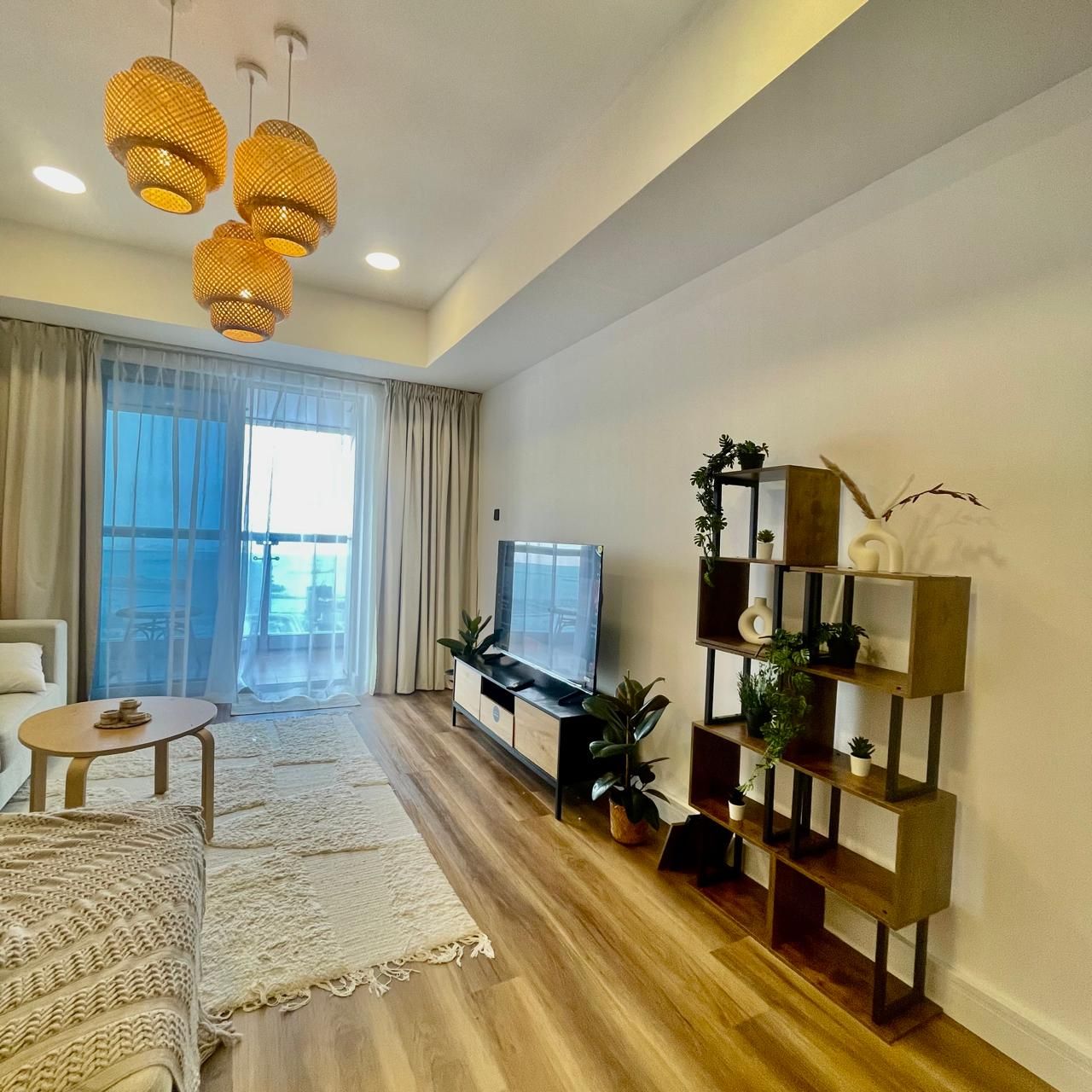 A modern living room with a flat-screen TV, a sofa, a coffee table, and a decorative plant shelf.