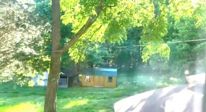A small wooden cabin with a blue roof, surrounded by trees and grass. - 3-bedroom house in charming Salisbury with cool AC (Salisbury)