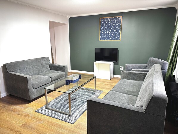 Un salon avec deux canapés gris, une table basse en verre, un téléviseur à écran plat fixé au mur et un tapis à motifs sur le plancher en bois.