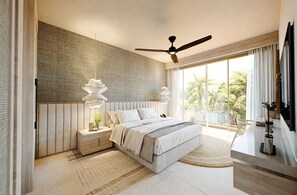 Un dormitorio con cama, mesitas de noche, ventilador de techo, ventana grande y vista a palmeras.