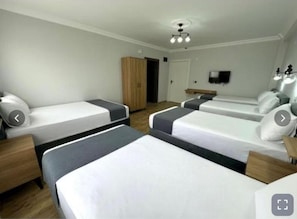A hotel room with three single beds, a wooden wardrobe, a television, and a ceiling light fixture. - Avka Palace Hotel (Edirne)