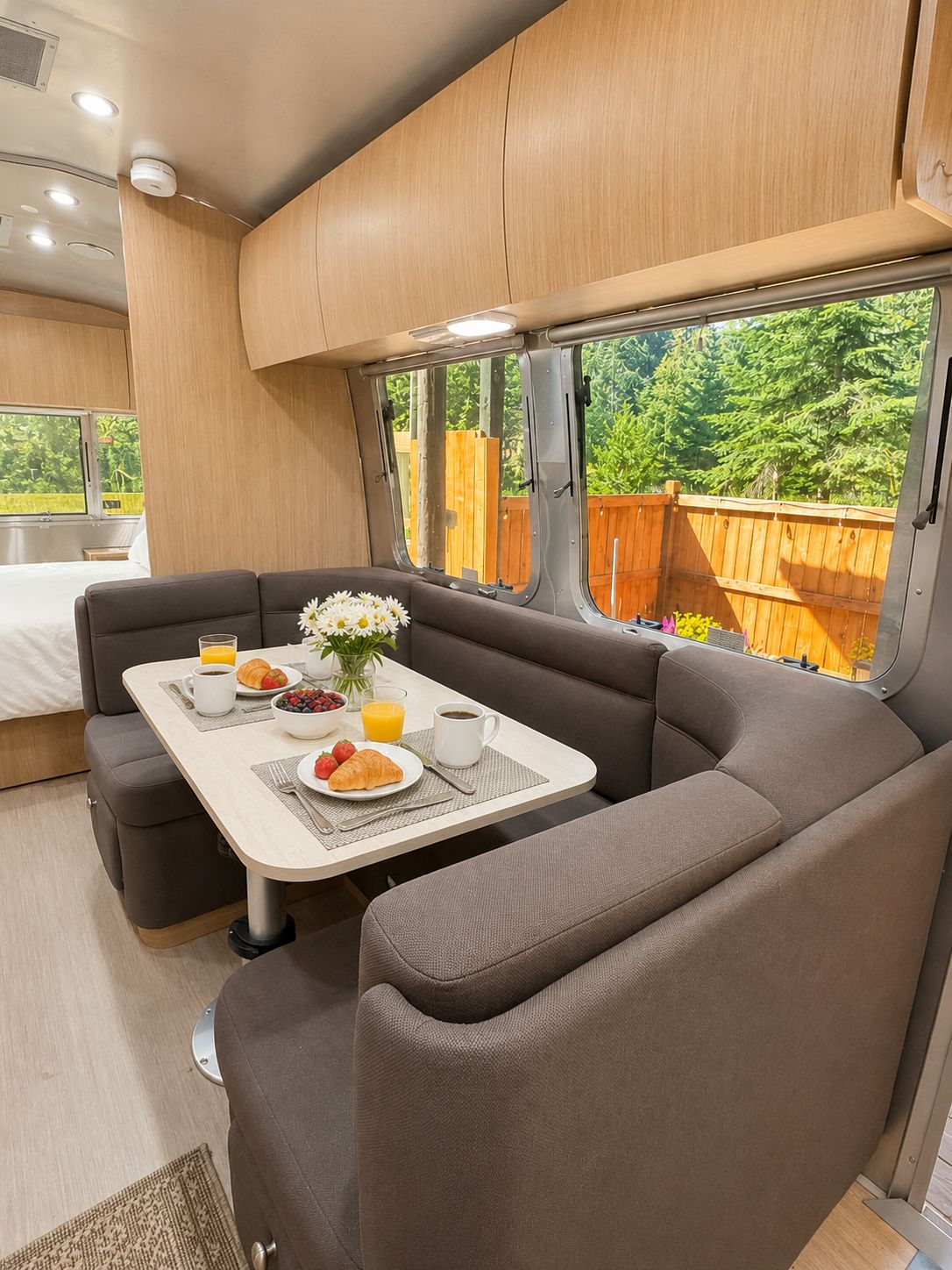 A cozy interior with a dining area, a sofa, and a window with a view of greenery.