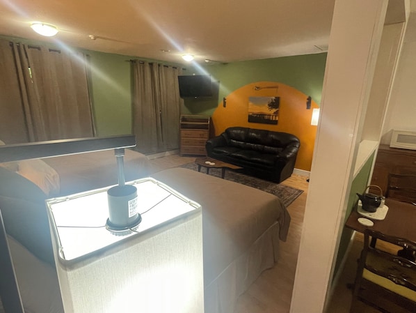 A compact living space with a kitchenette, a black leather sofa, and a flat-screen TV mounted on the wall.