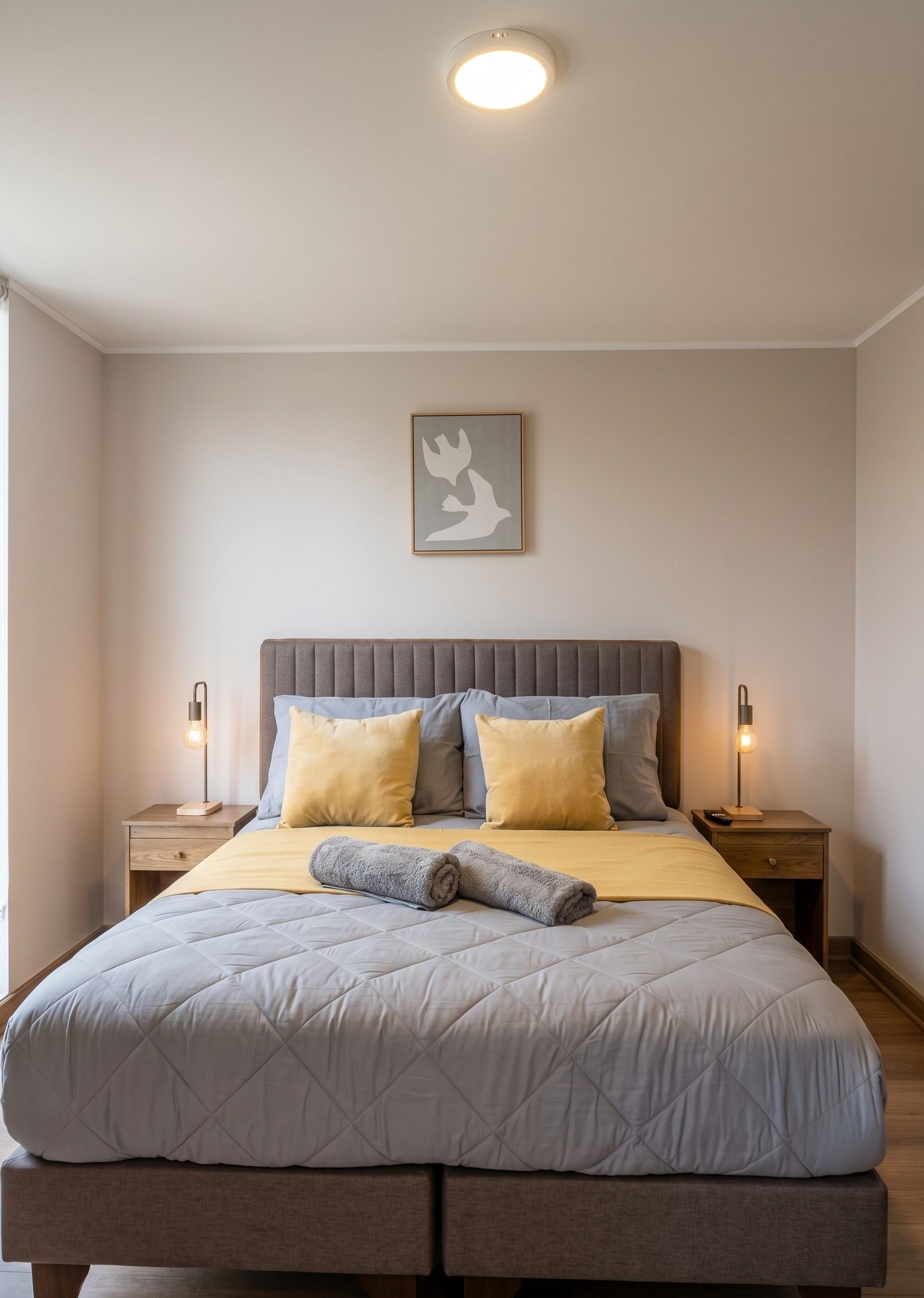 Une chambre à coucher moderne avec un lit, deux tables de chevet, un luminaire fixé au mur et un tableau encadré.