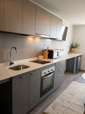 A modern kitchen with stainless steel appliances, a built-in oven, and a microwave. - Edificio Froilan Lagos by Domus Travels (La Florida)
