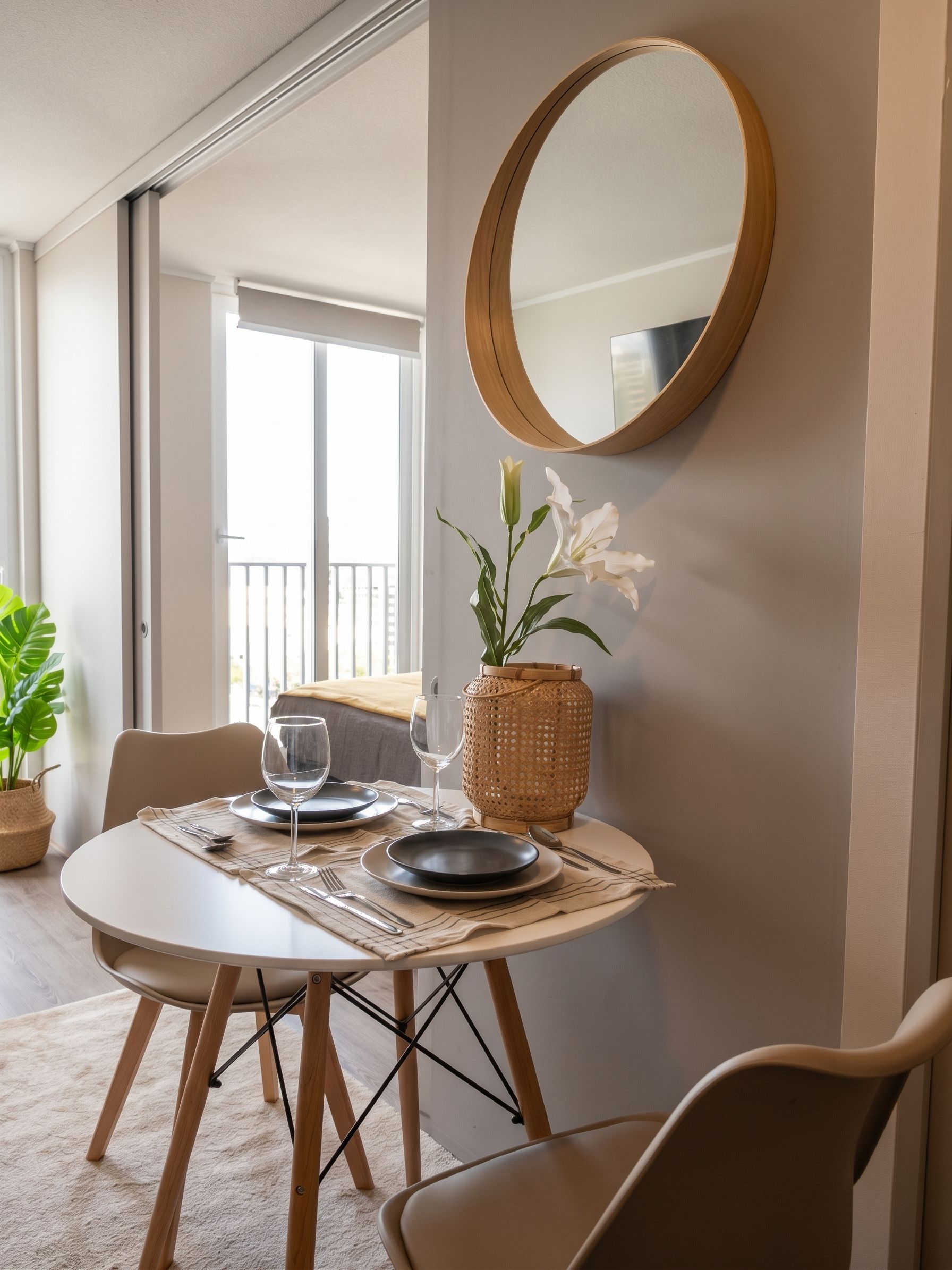 A dining area with a round table set for two, a mirror on the wall, and a potted plant with white flowers.