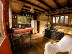 A rustic cabin interior with a kitchen, bar area, and a dining space.
