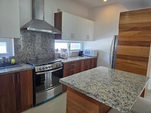 A modern kitchen with granite countertops, stainless steel appliances, and wooden cabinets. - An exquisite an exceptional, 5 star resorts style condominium complex (Punta Cana)