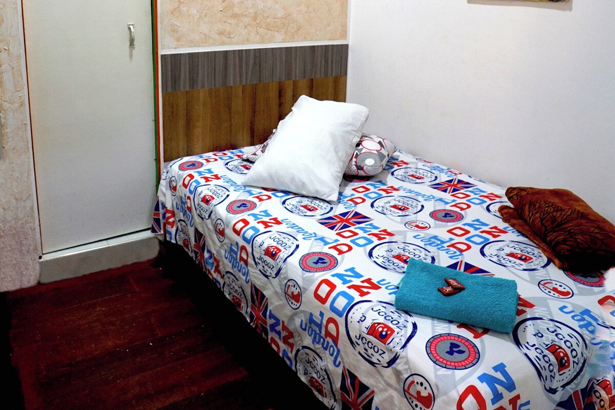 A bedroom with a bed, a door, and two paintings on the wall.