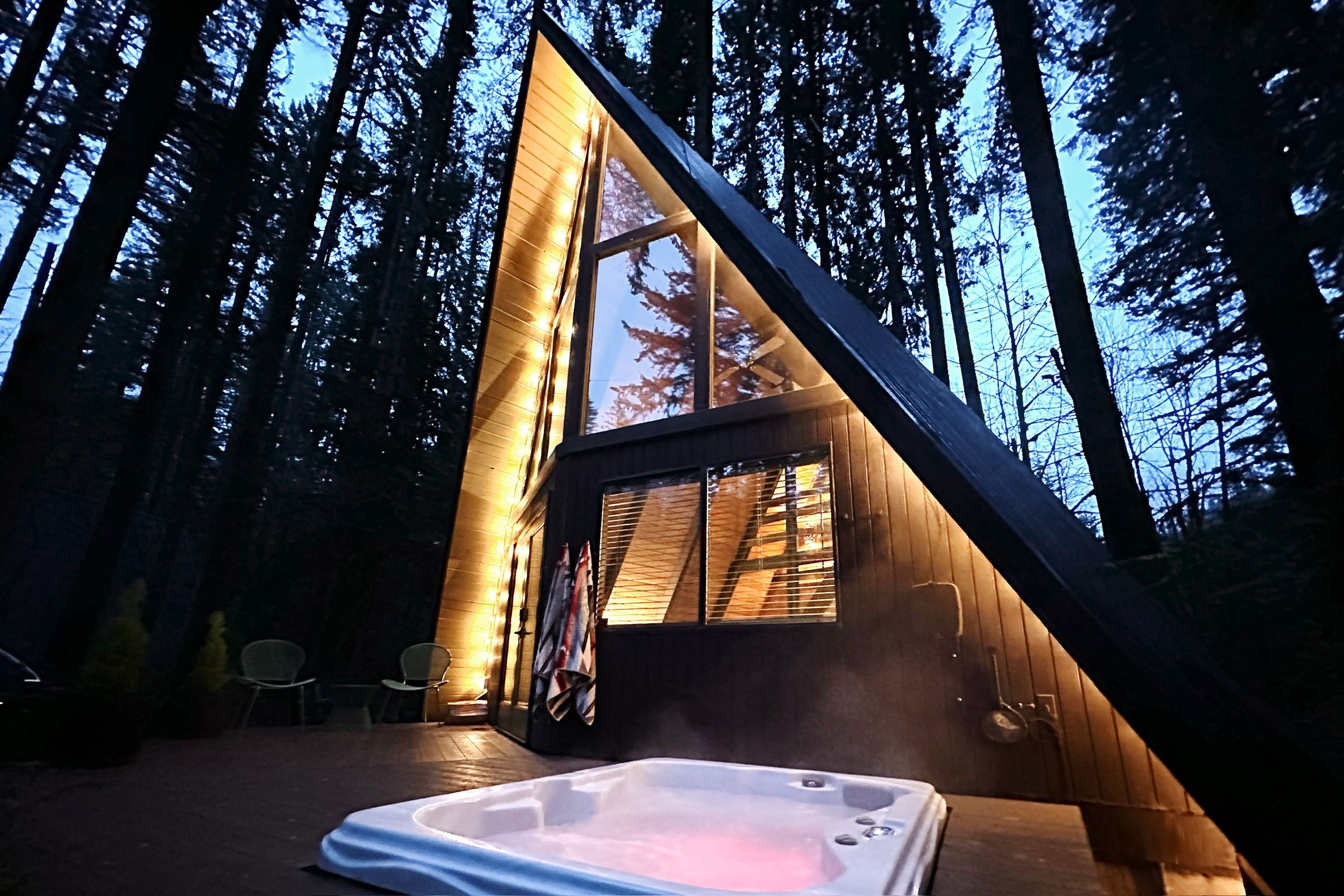Eine Hütte mit Whirlpool im Vordergrund, umgeben von hohen Bäumen.