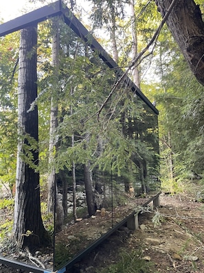 A glass-enclosed structure in a forested area with a wooden bench inside. - The Fern | Mirror Cabin & Spa at Uncommon Accommodations - Smuggler's Notch (Cambridge)