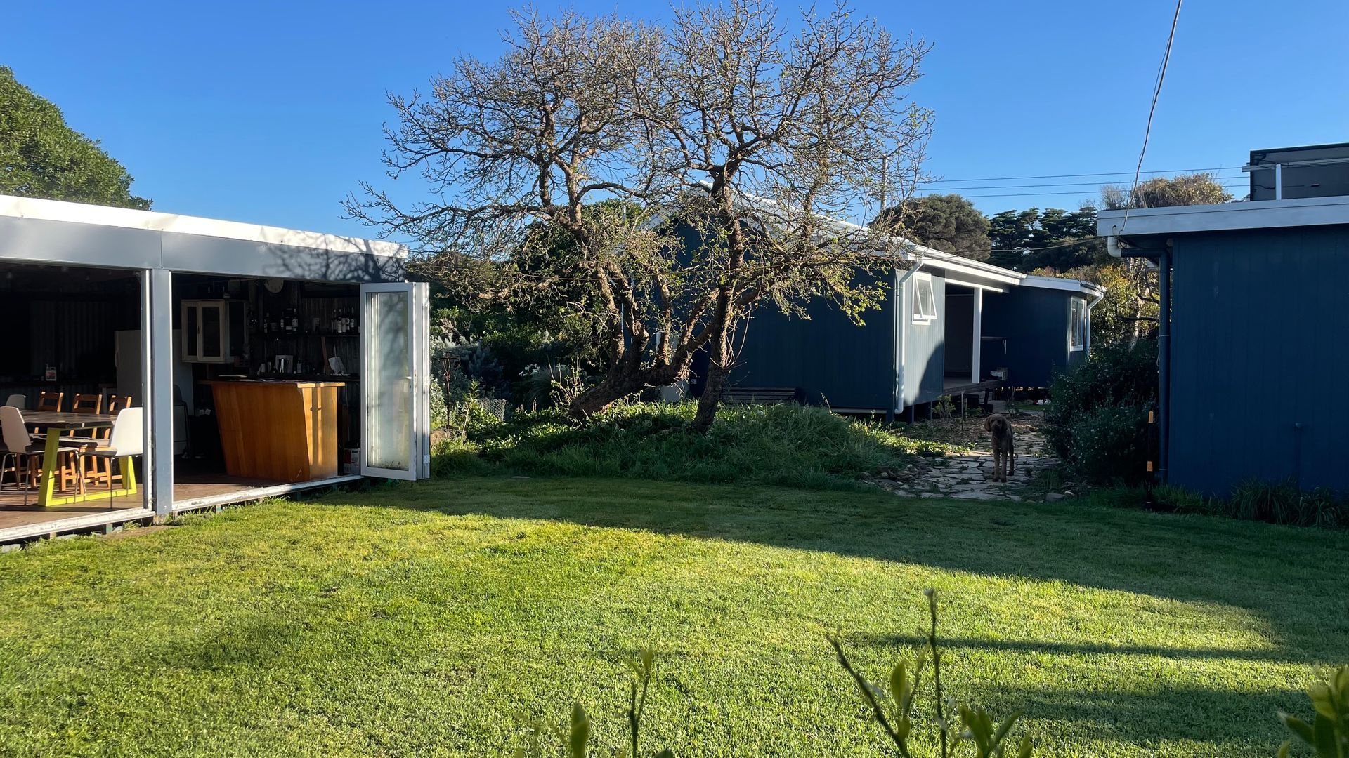 Une maison moderne avec une porte en verre donnant sur un coin repas, un grand arbre dans le jardin et un chemin en pierre.