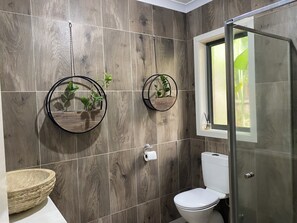 Une salle de bain comprenant des toilettes, un espace de douche vitré et deux étagères circulaires fixées au mur, ornées de plantes.