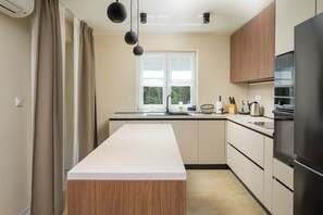 A modern kitchen with a central island, wooden cabinets, a built-in oven, and a window with a view of greenery. - Villa Marifran (Istria - Rakalj) (Rakalj)