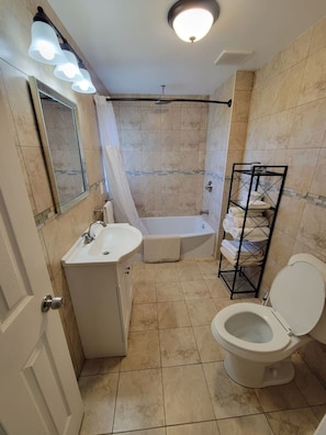Een badkamer met een wastafel, toilet, douche en handdoekhouder.