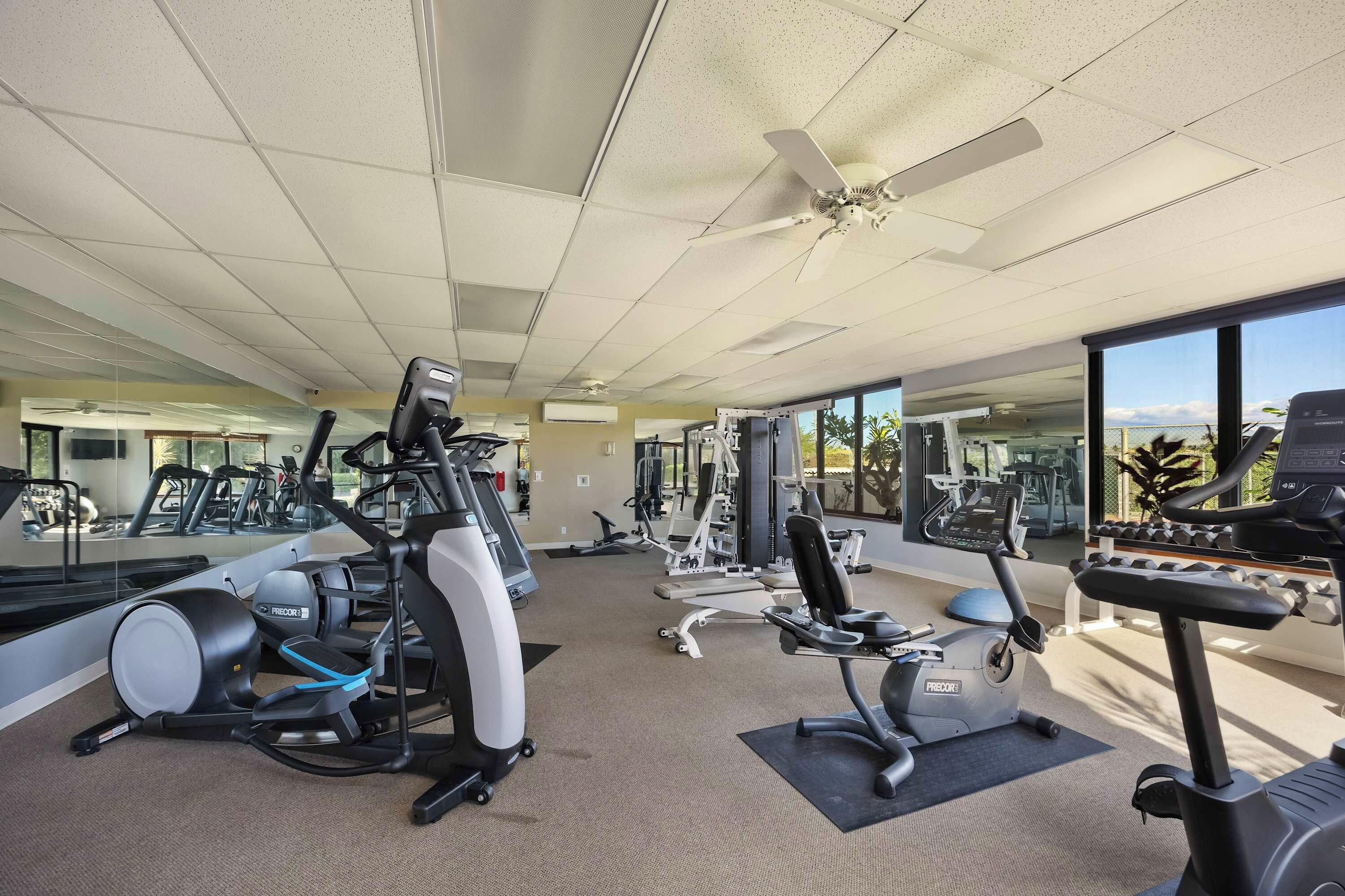 Une salle de sport équipée de divers appareils d’exercice, dotée de grandes fenêtres et d’un ventilateur au plafond.