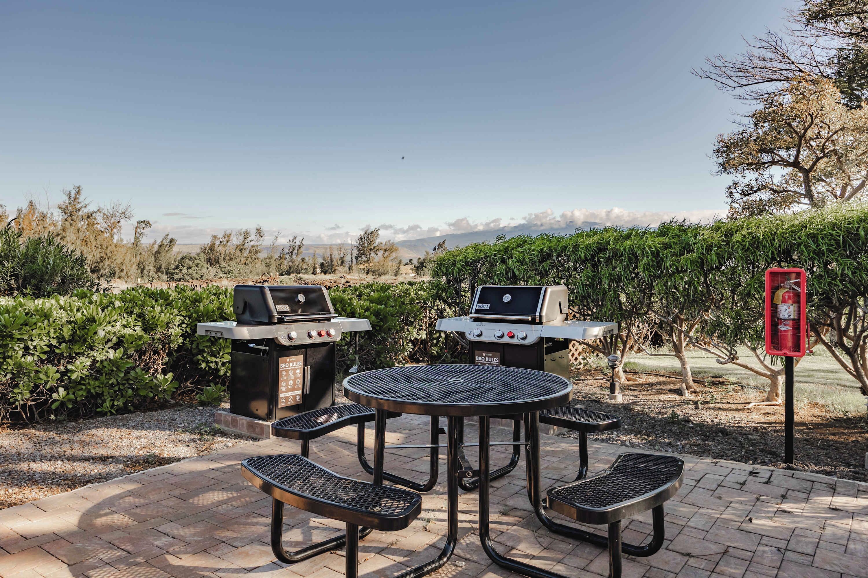 An outdoor patio with two barbecue grills, a round table, and four chairs.