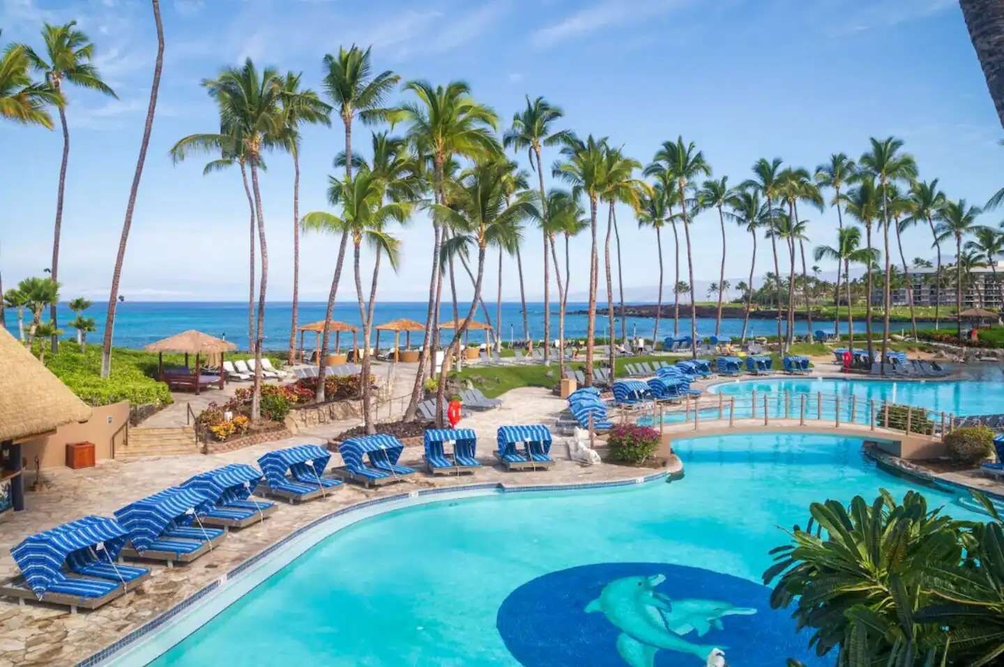 Ein Poolbereich einer Hotelanlage mit Liegestühlen und Palmen.