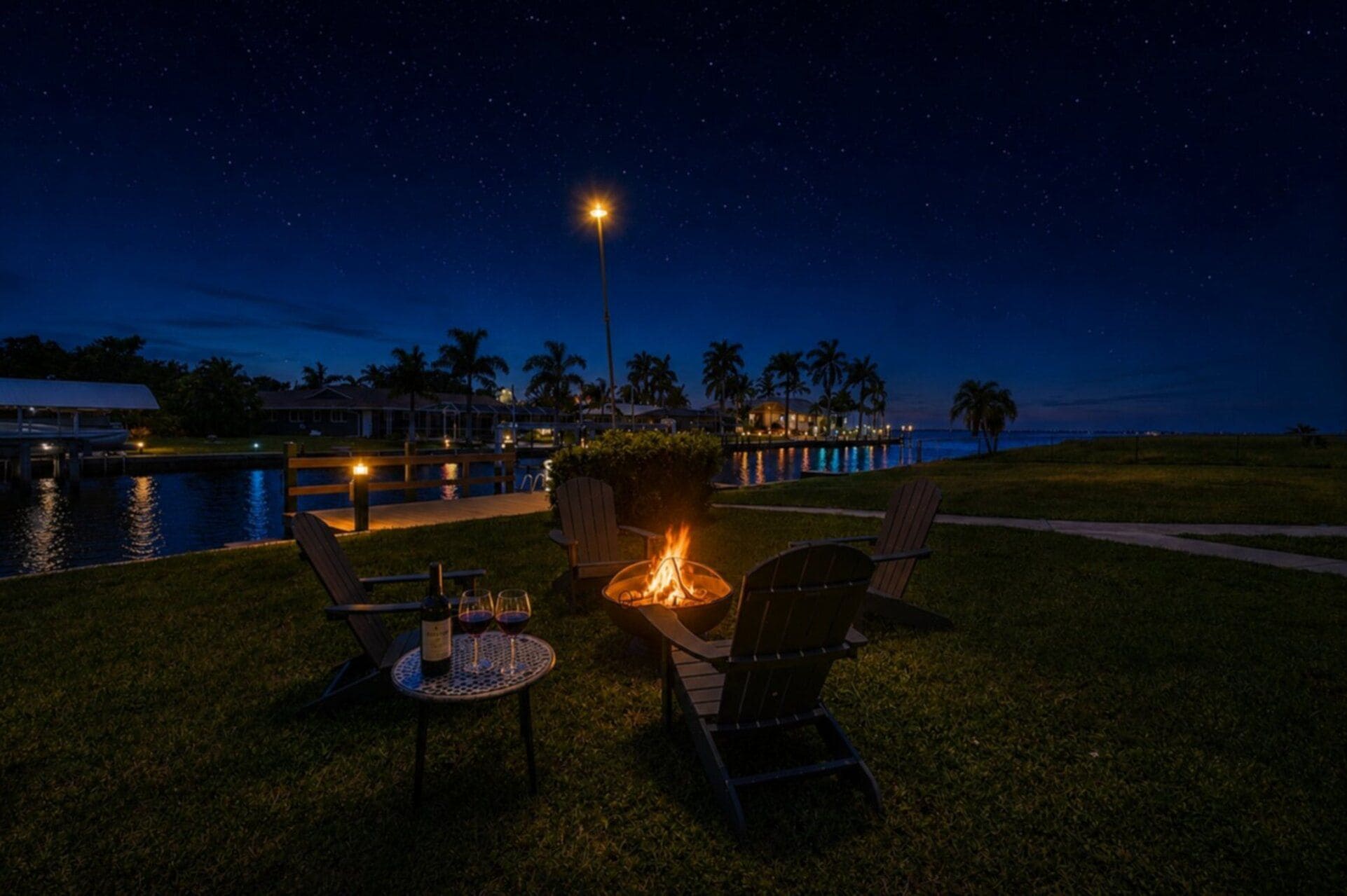 A nighttime outdoor seating area with a fire pit, chairs, and a table with wine glasses and a bottle.