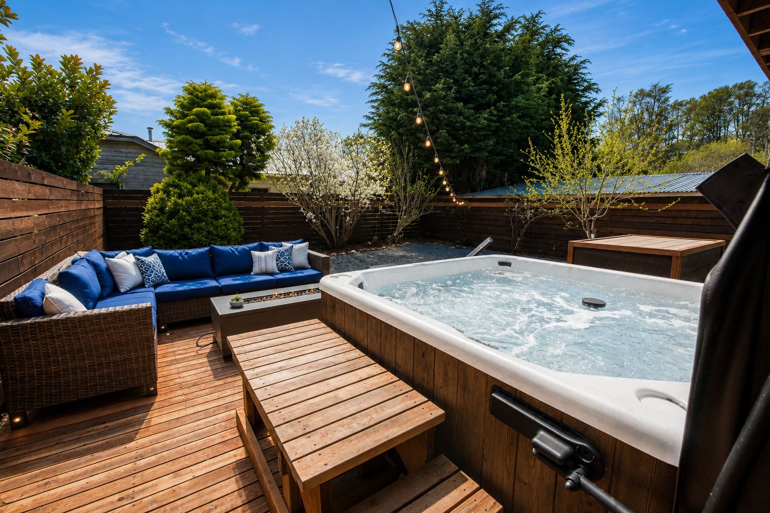 A wooden deck with a hot tub, a blue sofa, and a wooden table.