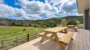 Een houten terras met picknicktafels met uitzicht op een bergachtig landschap.
