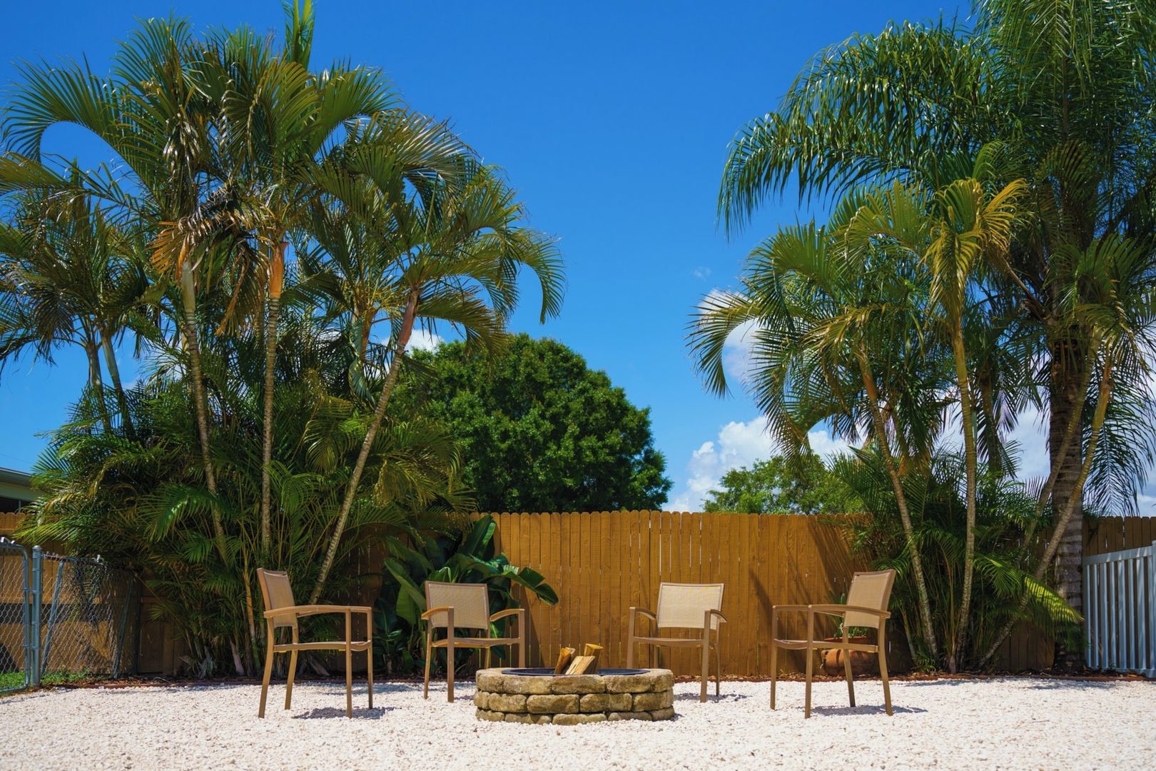 A backyard with a wooden fence, palm trees, and a fire pit surrounded by chairs.